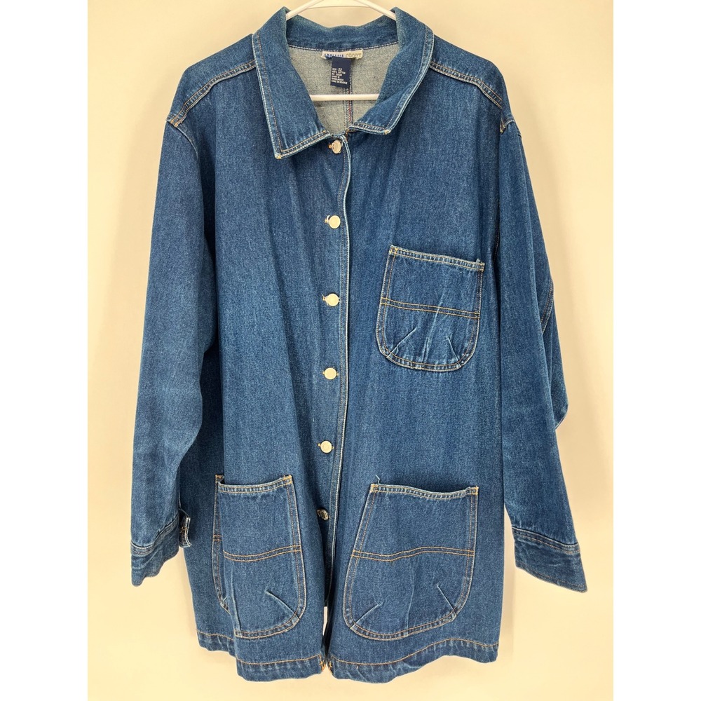 Vintage 90s Denim Chore Jacket Women 22 Blue Button Front Adriana Sport Pockets